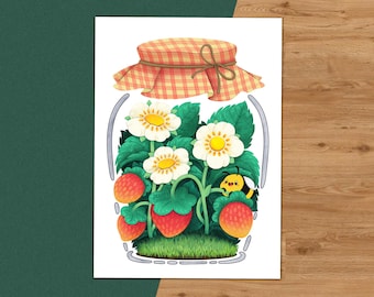 Strawberry Jam 5x7 Art Print – Cute Gardening and Bee Illustration