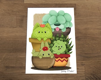 Cactus Cat Art Print 5x7, Cat Print, cactus illustration, cute print, plant print