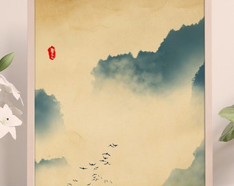 Asiatische Aquarell Landschaft chinesischer Kunstdruck, Asien Dekor, Wand-Dekor, Instant Download