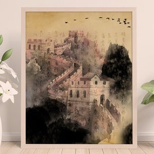 Asian Great Wall of China Watercolor Landscape Chinese Art Print, Asia Decor, Wall Decor, Instant Download