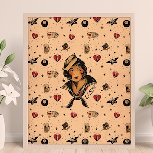 Sailor Jerry Tattoo Rockabilly vintage Art Print, Vintage Illustration Printable, Art Decor, Wall Decor, Instant Download