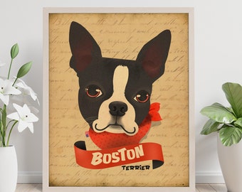 Boston Terrier Art Print, Dog Print, Vintage Illustration Printable, Kitchen Wall, Art Decor, Wall Decor, Instant Download