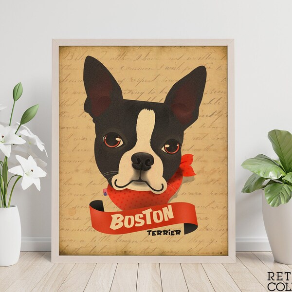 Boston Terrier Art Print, Dog Print, Vintage Illustration Printable, Kitchen Wall, Art Decor, Wall Decor, Instant Download