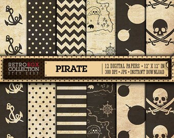 Pirate Digital Papers Vintage Paper Wallpaper - 12 Digital sheet pack printable collage sheet instant download - Retro Pirate pattern