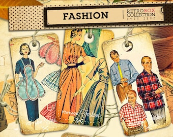 Fashion vintage Tags - 12 retro tags digital printable collage sheet instant download - Retro Box Collection