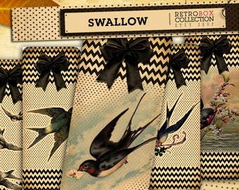 Swallow Bookmarks - 12 vintage digital printable collage sheet instant download - Retro Box Collection