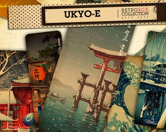 May include: A set of five vintage Japanese-style bookmarks featuring snowy landscapes, a red torii gate, and a wave. The bookmarks are printed on textured paper and have a distressed look. The text "UKYO-E" is printed at the top of the image.