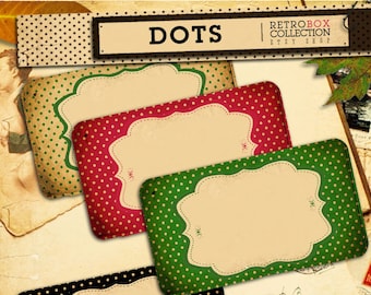 Dots Labels Vintage - 10 Labels colors dots tags printable collage sheet instant download - Retro Box Collection