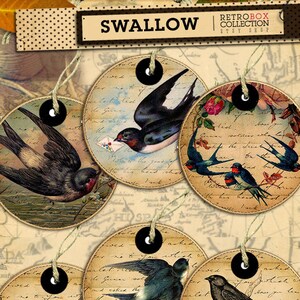 Swallow vintage Round Tags - 12 retro round tags 2 in digital printable collage sheet instant download - Retro Box Collection