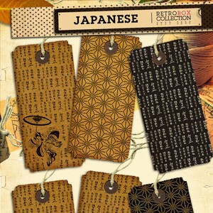 Japanese patterns Tags - 12 Japan tags oriental printable collage sheet instant download - Retro Box Collection