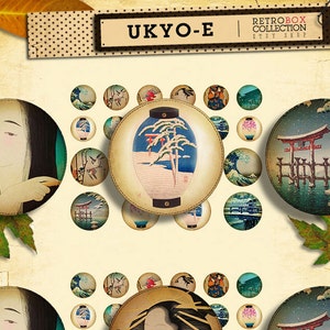 Ukyo e japan circles 3 sizes in 1 sheet Vintage - 26 buttons printable collage sheet instant download - Retro Box Collection