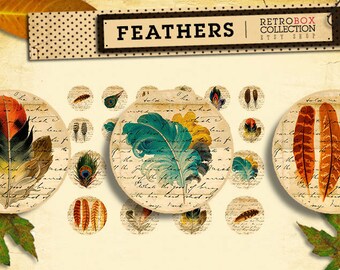 Feathers circles 3 sizes in 1 sheet Vintage Bike - 26 buttons printable collage sheet instant download - Retro Box Collection
