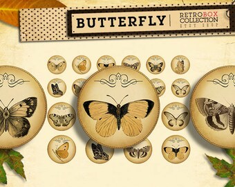Butterfly circles 3 sizes in 1 sheet Vintage nature - 26 buttons printable collage sheet instant download - Retro Box Collection