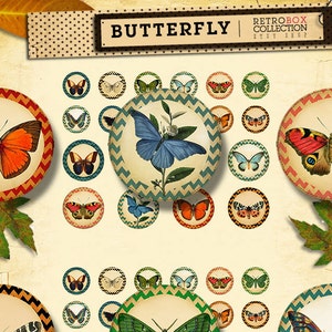 Butterfly colors circles 3 sizes in 1 sheet Vintage nature - 26 buttons printable collage sheet instant download - Retro Box Collection