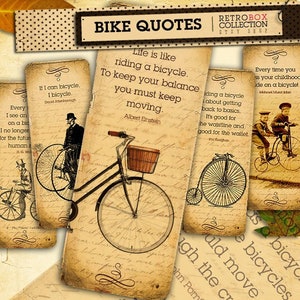 Bicycle quotes Bookmarks - 12 bike vintage digital printable collage sheet instant download - Retro Box Collection