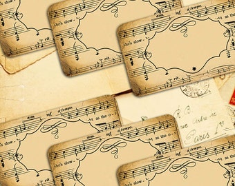 Music Labels Vintage notes - 10 Labels tags printable collage sheet instant download - Retro Box Collection