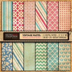 Pastel Digital Paper vintage wallpapers - 12 Digital Papers pack printable collage sheet instant download - Retro Pastel Color Pattern