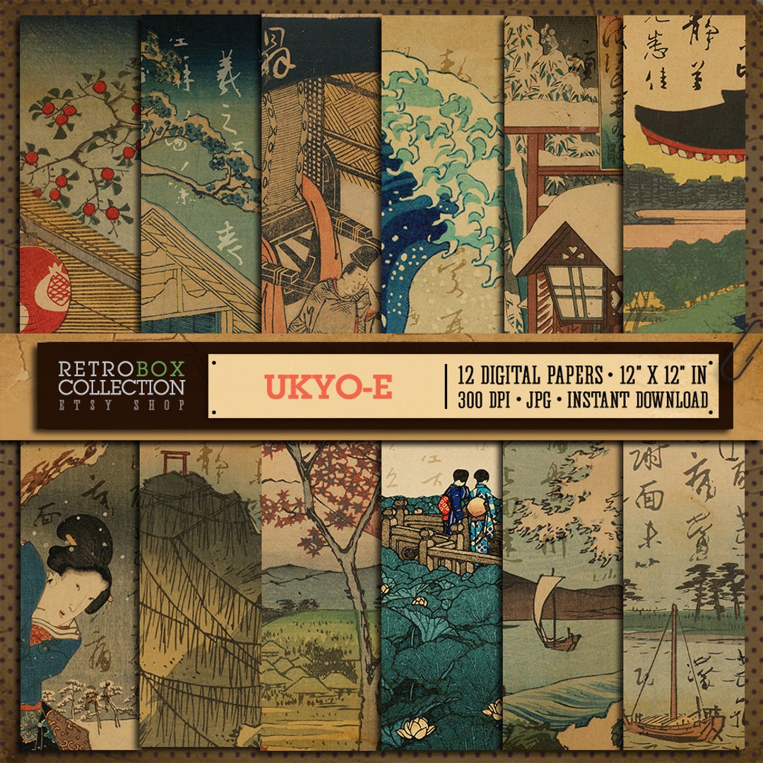 Ukyo-e Japan Digital Papers Wallpaper Vintage - 12 Digital Papers Pack ...