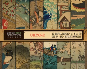 Ukyo-e Japan Digital Papers Wallpaper Vintage - 12 Digital Papers pack printable collage sheet Ukyo Instant download - Ukyo e papers