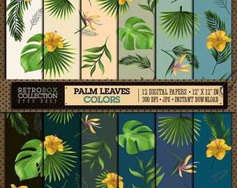 Palm Leaves Colorful Digital Papers Wallpaper - 12 Digital Papers pack printable collage sheet instant download - Tropical Summer Pattern