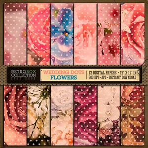 Wedding Flowers Watercolor Vintage Digital Wallpaper - 12 Digital Papers pack printable collage sheet instant download - Wedding papers