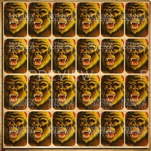 May include: A vintage sheet of trading cards featuring a repeating pattern of a yellow and brown gorilla with sharp teeth. The cards have a retro design with a brown border and the text "RETROBOX COLLECTION" printed on each card.