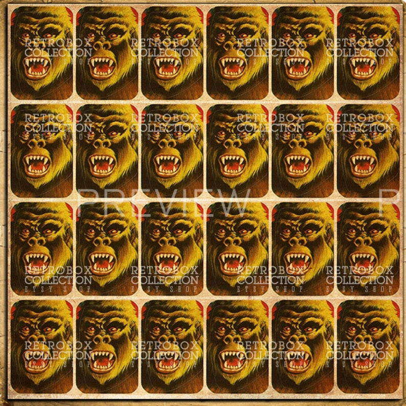 May include: A vintage sheet of trading cards featuring a repeating pattern of a yellow and brown gorilla with sharp teeth. The cards have a retro design with a brown border and the text "RETROBOX COLLECTION" printed on each card.