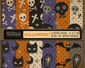 Halloween Dots Digital Papers vintage wallpaper - 12 Digital Papers pack printable collage sheet instant download Retro Halloween Pattern