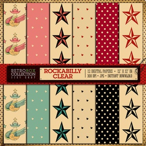 EXCLUSIVE Rockabilly Digital Paper vintage wallpaper - 12 x 2 Digital Papers pack printable collage sheet - Retro Rockabilly Patterns