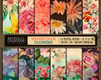 Flowers Watercolor Vintage Digital Vintage Wallpaper - 12 Digital Papers pack printable collage sheet instant download - Flowers Background