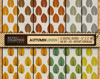 Autumn Digital Paper leaf Linen - 12 Digital Papers pack printable collage sheet instant download - Retro Wallpaper