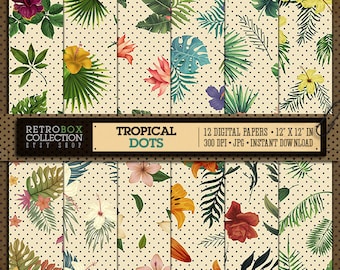 Tropical Flowers Dots Digital Papers Wallpaper - 12 Digital Papers pack printable collage sheet instant download - Tropical Summer Pattern