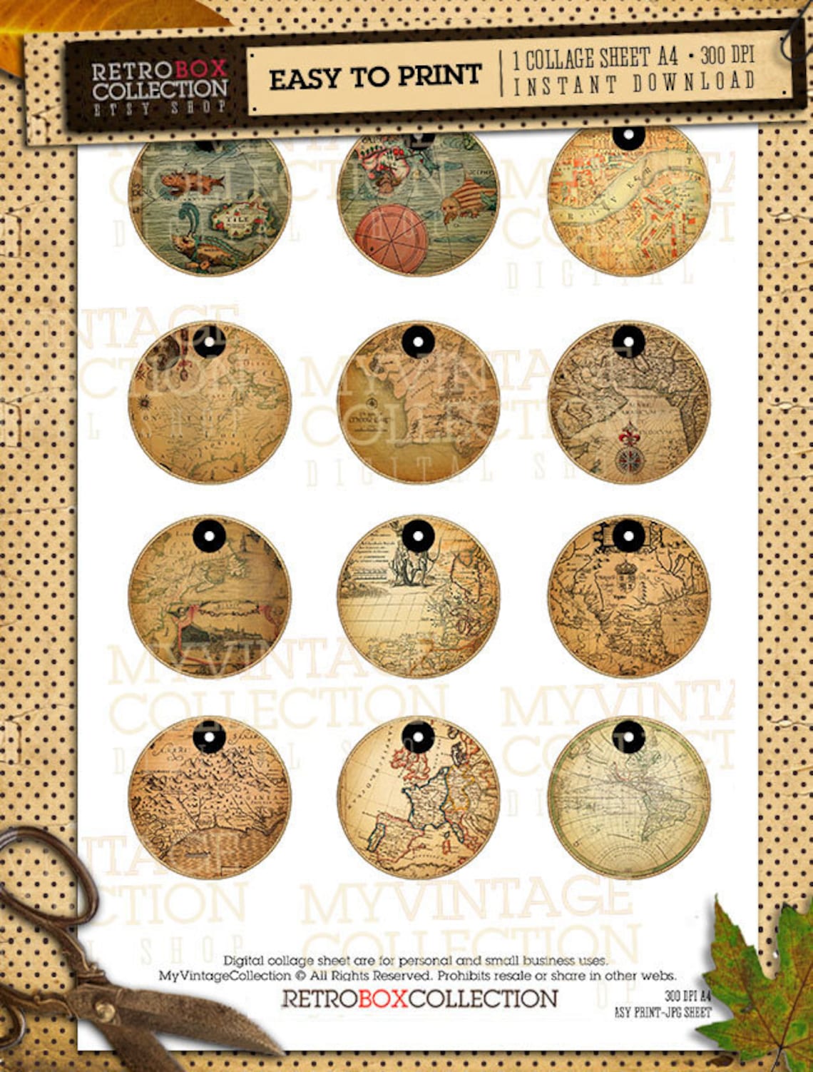 Classic Rounded Tag Old Maps Vintage Round Tags - 12 Retro Round Tags 2 in Digital ...