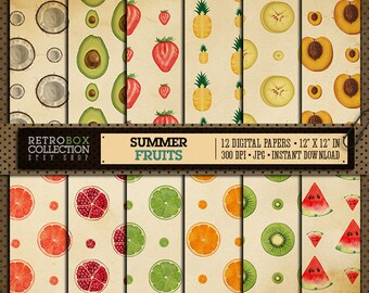 Summer Fruits Dots Digital Papers Vintage Wallpaper - 12 Digital Papers pack printable collage sheet instant download - Summer Pattern