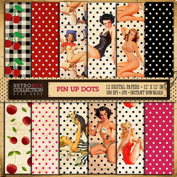 Pin up Dots Paper Cherry Digital Papers vintage - 12 Digital Papers pack printable collage sheet instant download - Retro Pin Up tablecloth