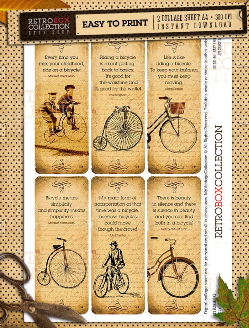 Bicycle Quotes Bookmarks 12 Bike Vintage Digital Printable - Etsy