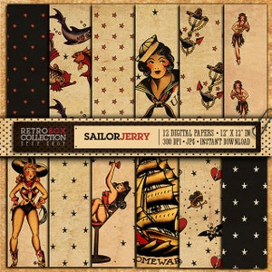 Sailor Jerry Tattoo Rockabilly vintage wallpaper - 12 Digital Papers pack printable collage sheet instant download Tattoo Flash pattern