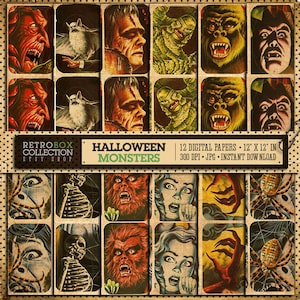 May include: A collage of 12 digital papers featuring vintage Halloween monster illustrations. The papers are 12 inches by 12 inches and 300 DPI. The images include a werewolf, Frankenstein's monster, a creature from the black lagoon, a vampire, a spider, and a screaming woman.