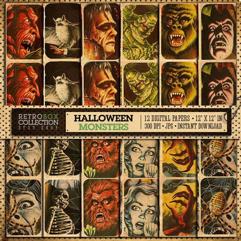 May include: A collage of 12 digital papers featuring vintage Halloween monster illustrations. The papers are 12 inches by 12 inches and 300 DPI. The images include a werewolf, Frankenstein's monster, a creature from the black lagoon, a vampire, a spider, and a screaming woman.