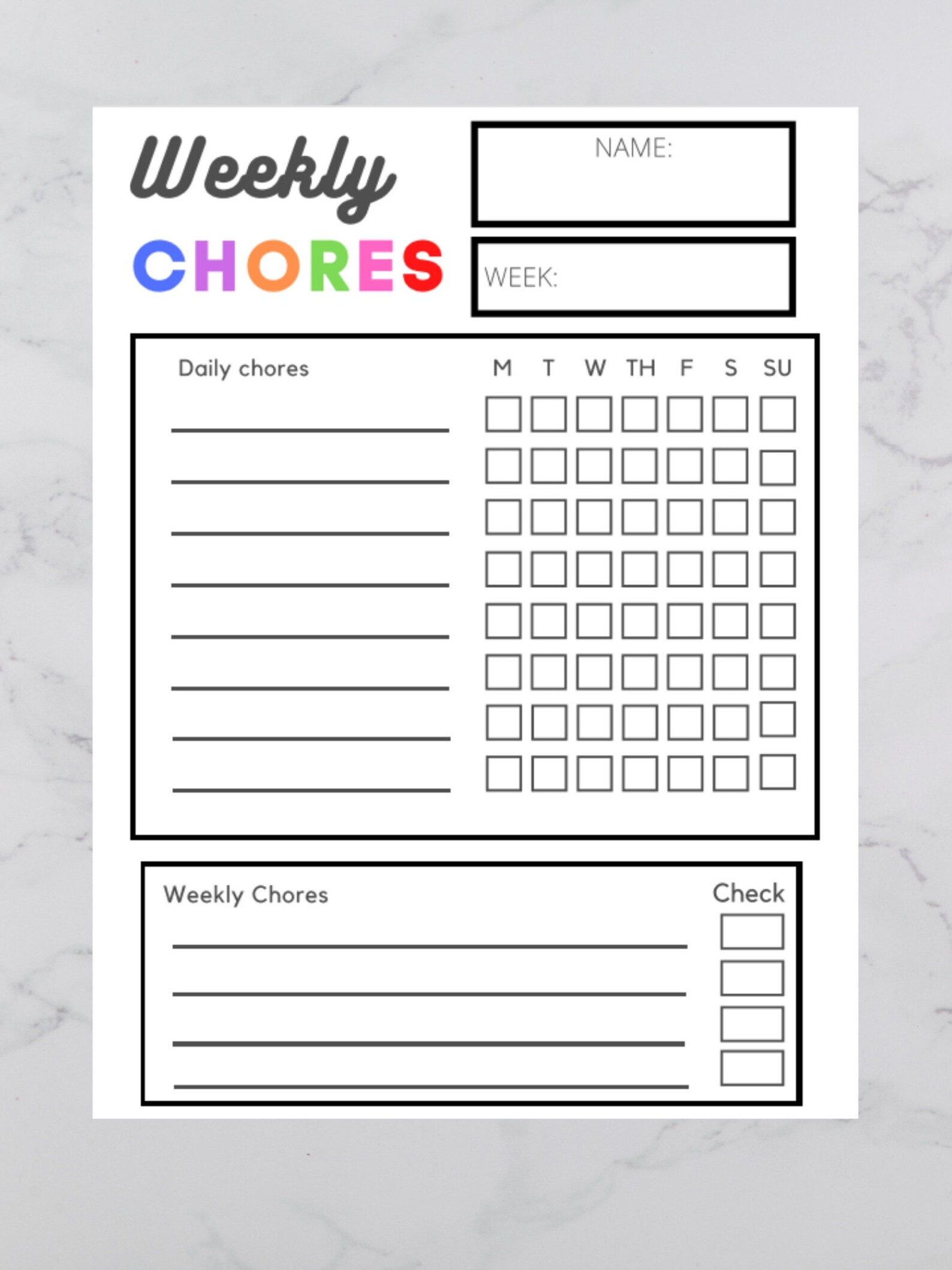 Chore Chart for Kids Weekly Chore Chart for Children Daily Chore Chart ...