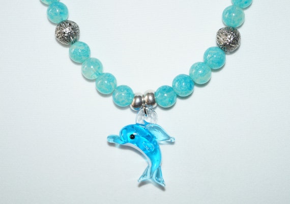 Blue Bead Dolphin Charm Necklace