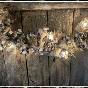 Navy Blue Homespun Garland With Burlap