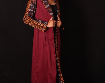 Charming Toghu Maxi Ankara Jacket, african print jacket burgandi , female jacket, African summer jacket, African blazer, size M 36/38
