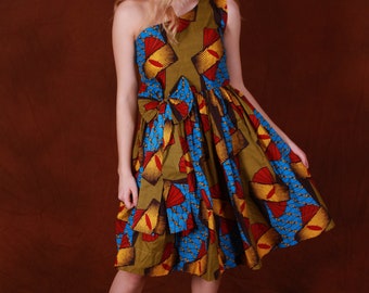 Elegant one shoulder African print Midi dress, great for date out, cocktails, gift ideas, summer wear, party wear, urban wear, daily wear