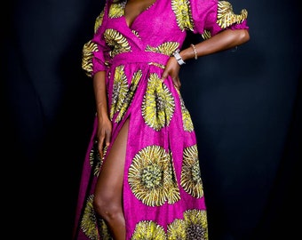 Gorgeous Maxi African flowery Dress with a long slit on the side. Party gown, event gown, Ankara print, one size fits gown, birthday gown