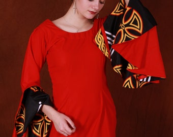 Stunning African Red Bodycon Dress with exagerated sleeves, Redlusious