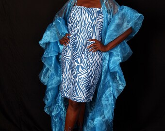 Stylish African mini Bamileke blue 2 piece dress, with transparent coat, great for weddings, events, birthdays, girft, prom, babtism size 38