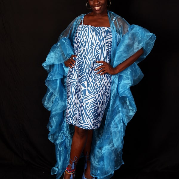 Mini robe africaine élégante 2 pièces bleu bamiléké, avec manteau transparent, idéale pour les mariages, événements, anniversaires, alliance, bal de promo, baptême, taille 38