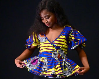 Femme africaine Ankara imprimé Chemisier Pemplum, haut avec un flair supplémentaire manches courtes