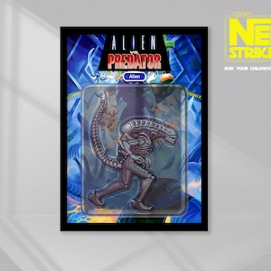 May include: Alien vs. Predator action figure in a plastic blister pack. The figure is a detailed representation of an Alien creature, with a long tail and a menacing pose. The packaging features the Alien vs. Predator logo and vibrant blue and purple graphics.